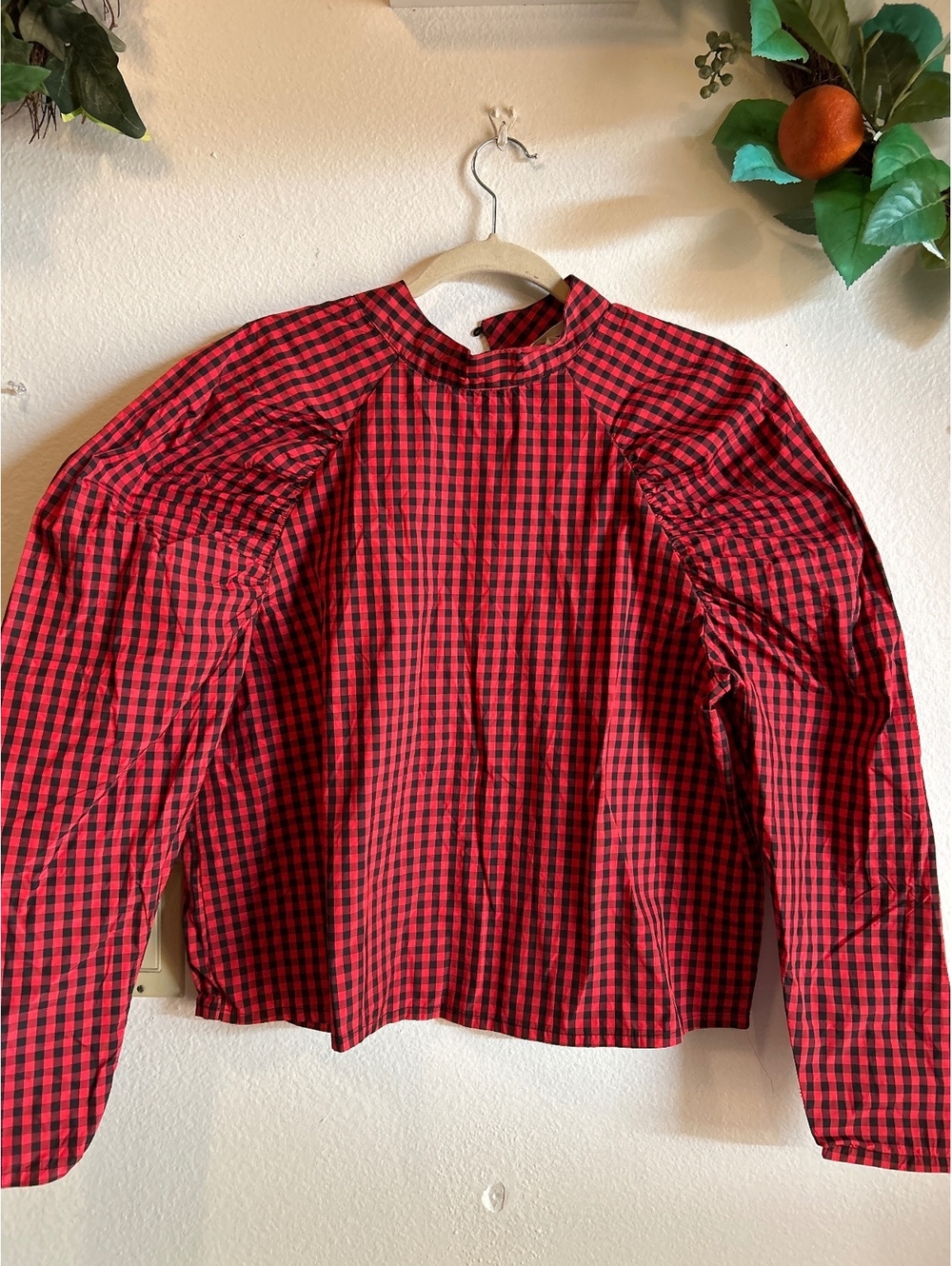 H&M Red and Black Checkered Long Sleeve Blouse Size L